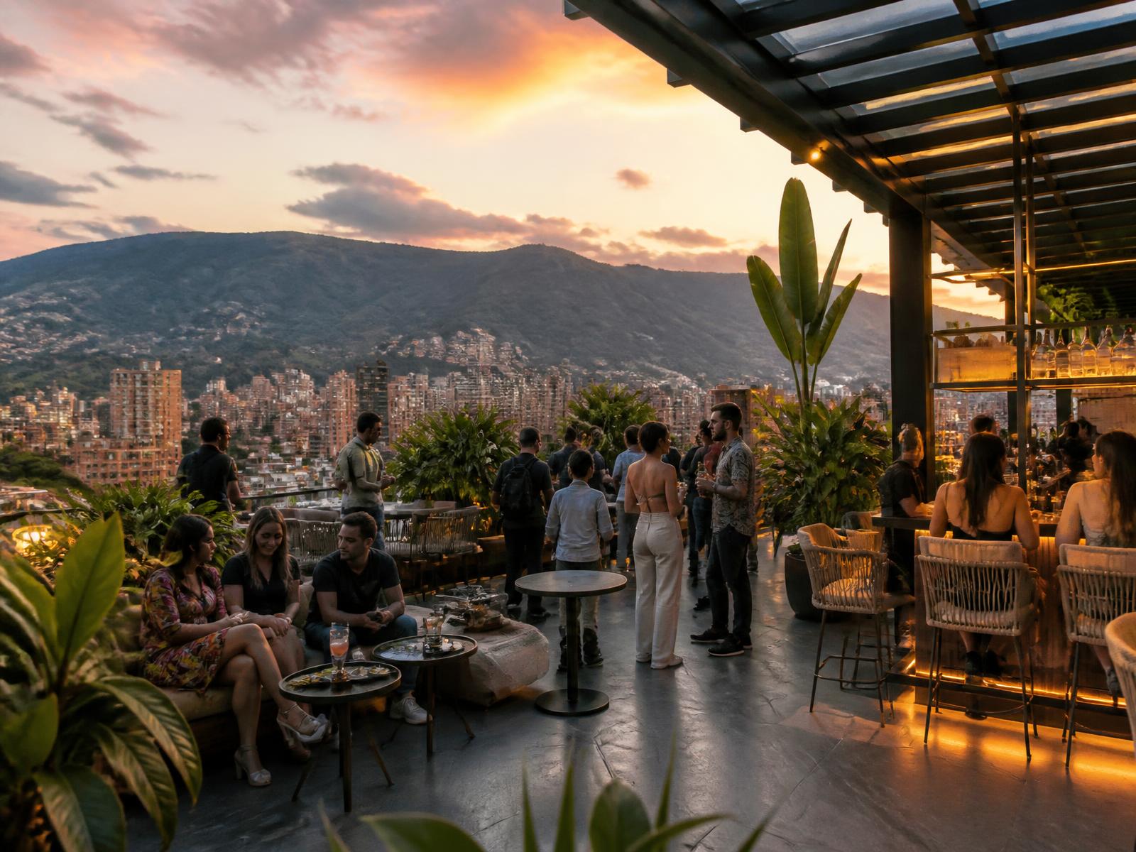 Rooftop terrace in El Poblado, Medellín, at golden hour