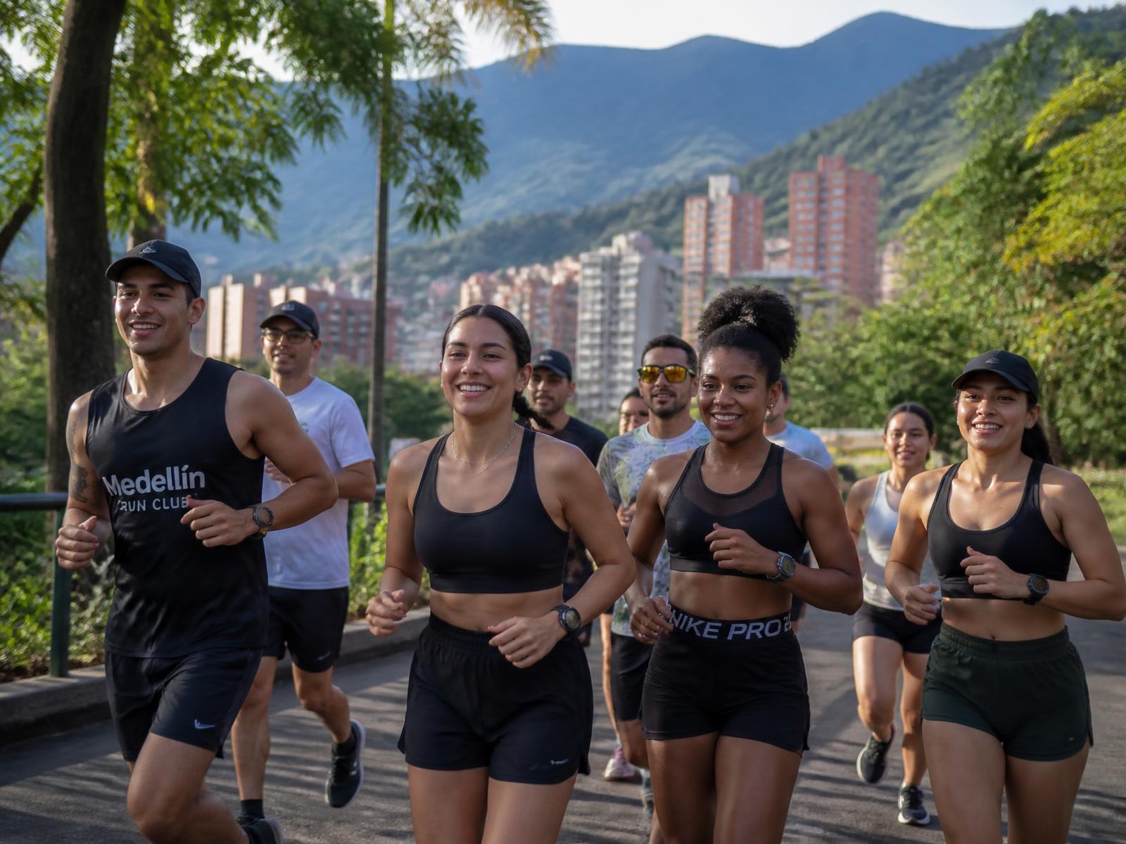 Run club jogging through a park in Medellín