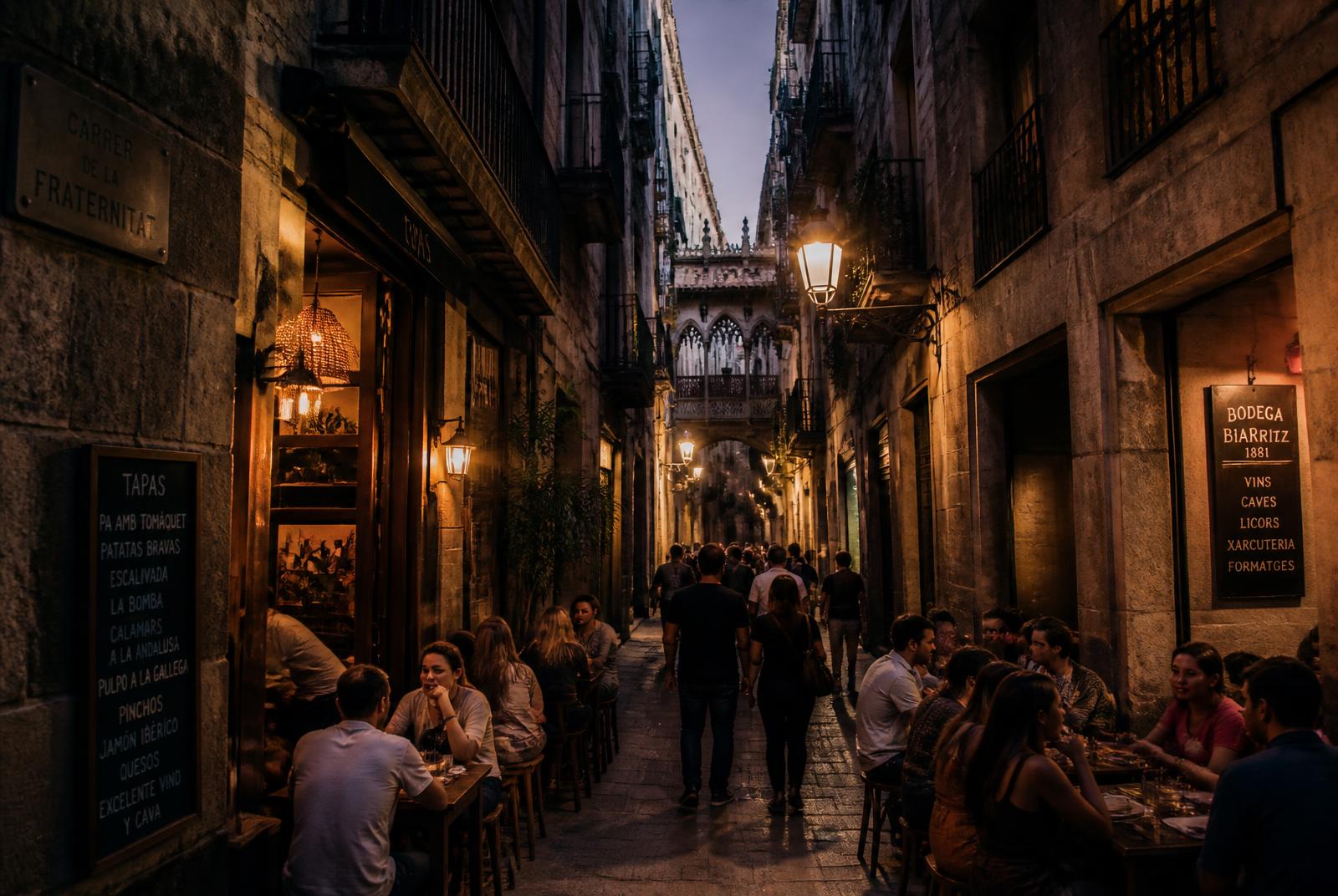 Tapas terraces on a lantern-lit street in Barcelona's Gothic Quarter