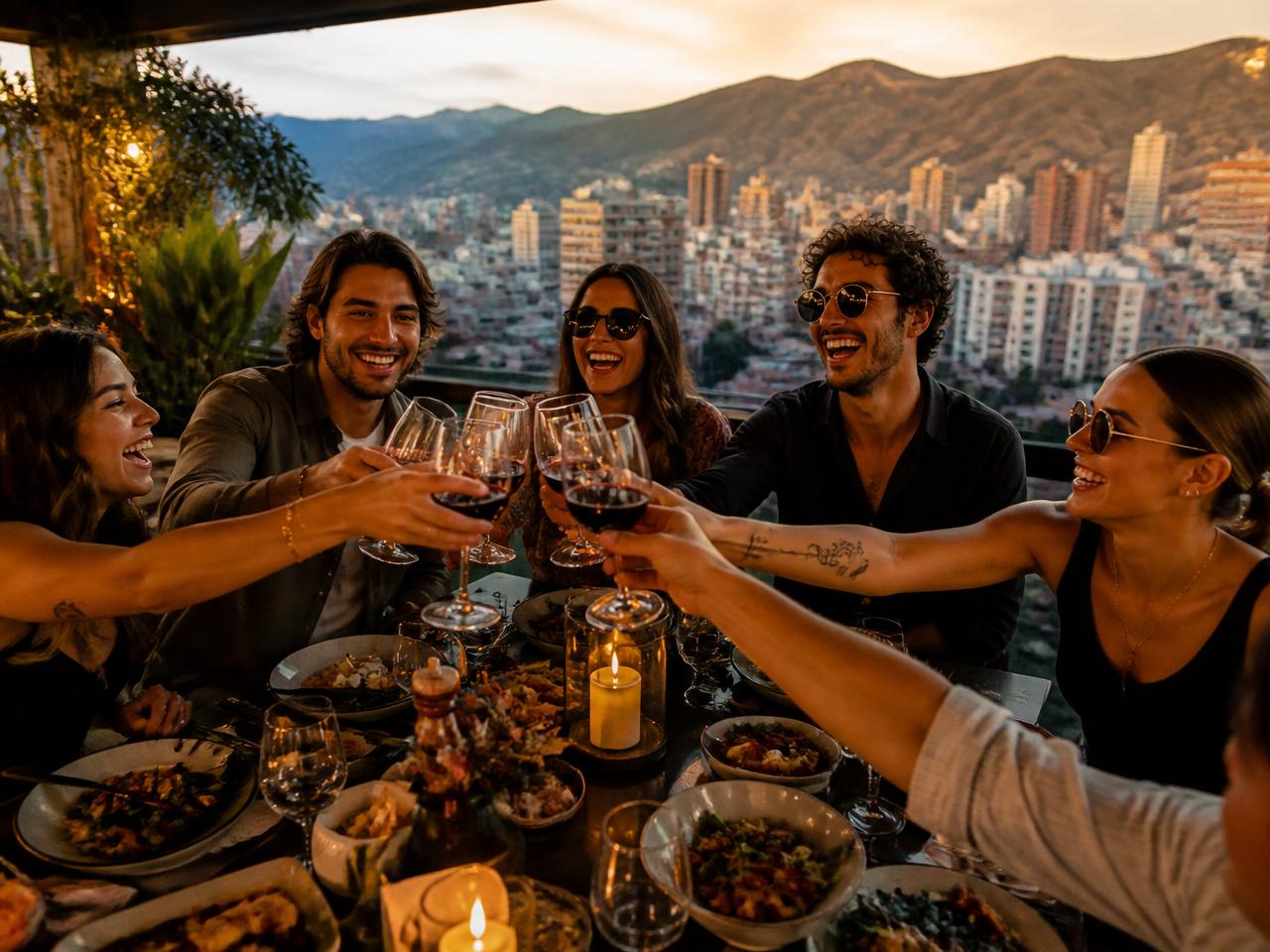 JetQuest group toasting at a welcome dinner in El Poblado