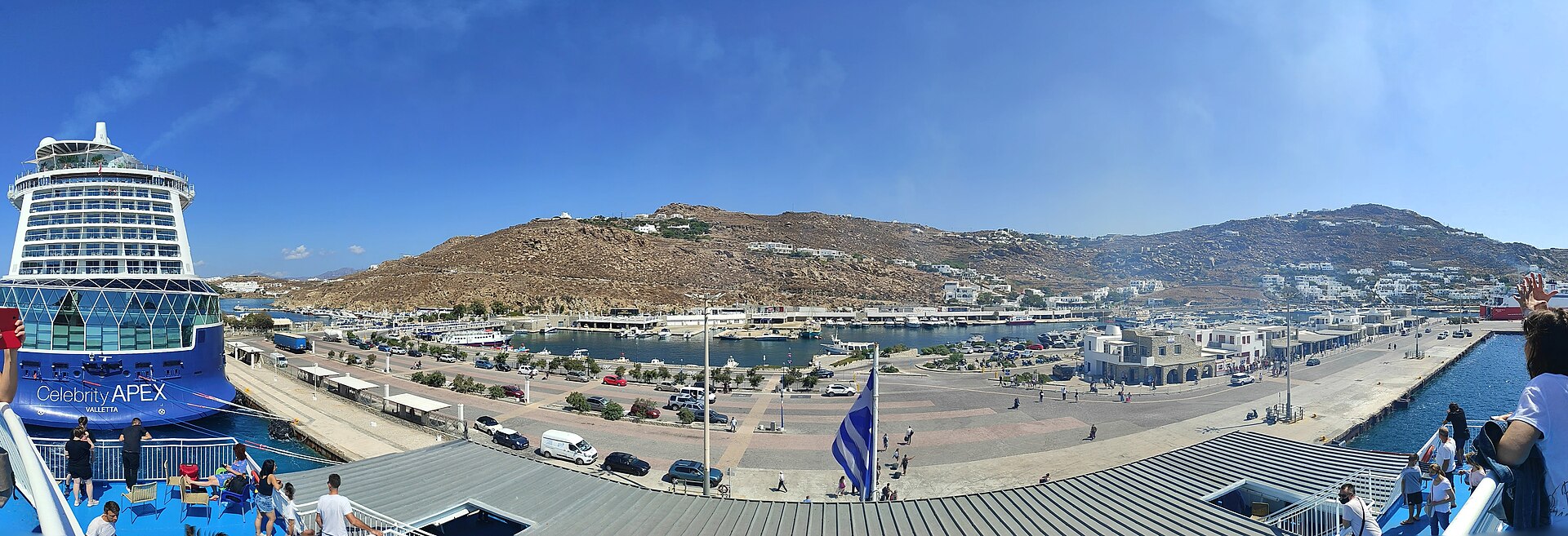 Ferry arriving at the port of Mykonos, Greece