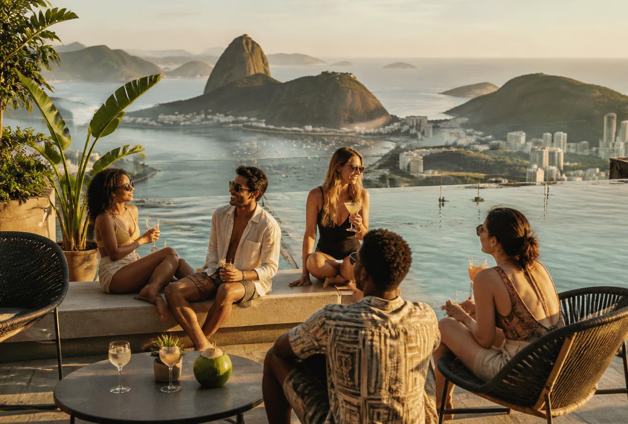 Rooftop pool in Rio with the group relaxing